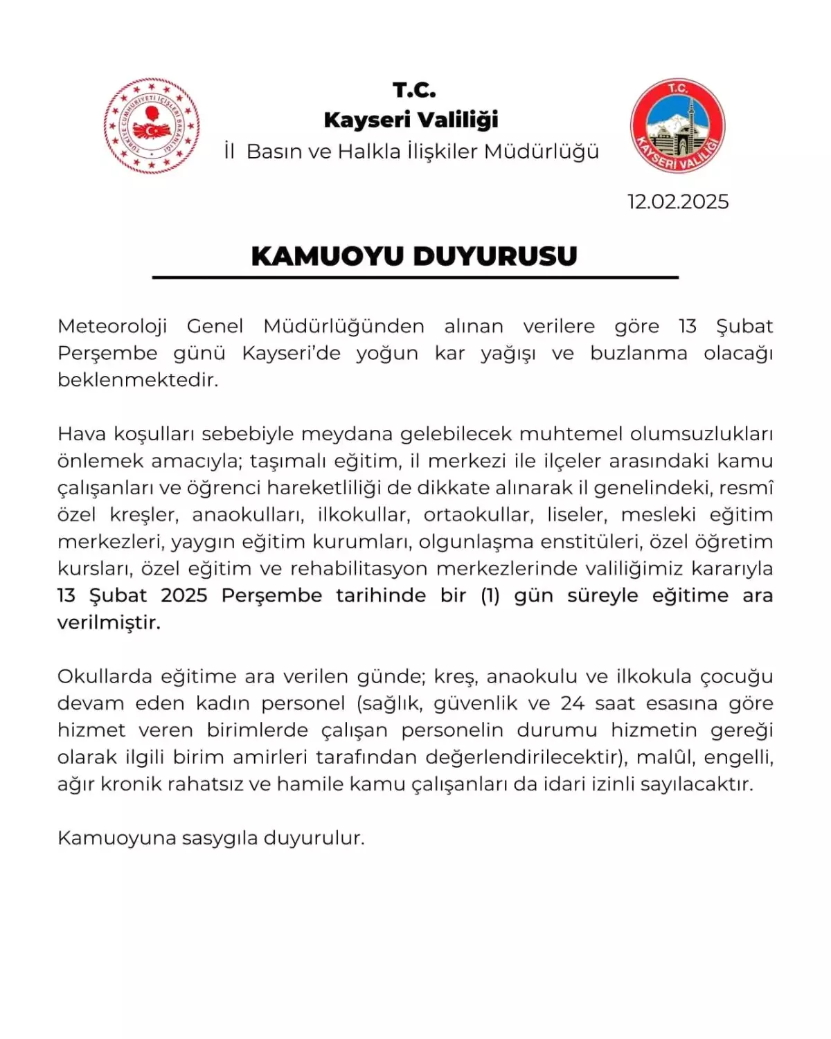 Kayseri’de Eğitime Kar Engeli